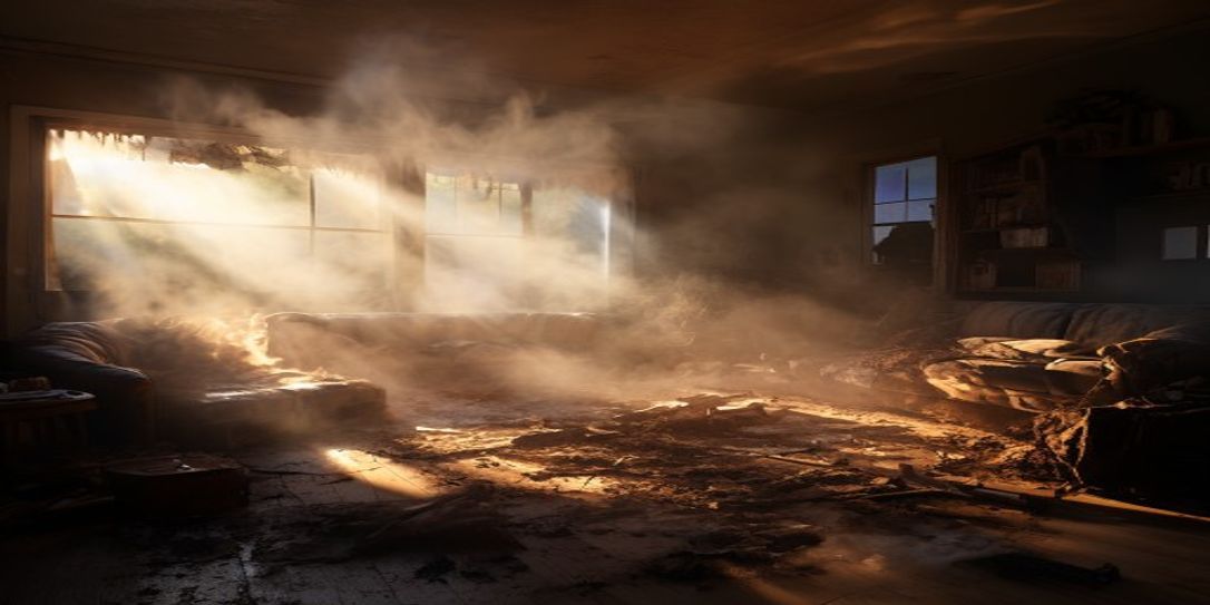 The aftermath of a wildfire showing a home interior with scattered debris, highlighting the need for insurance documentation.