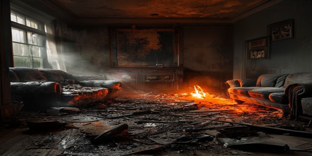 Living room interior after a fire showing smoke and heat damage.