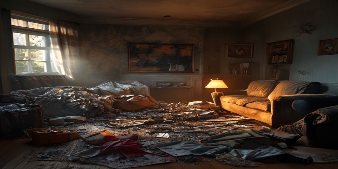 Professional insurance adjuster documenting fire damaged home contents