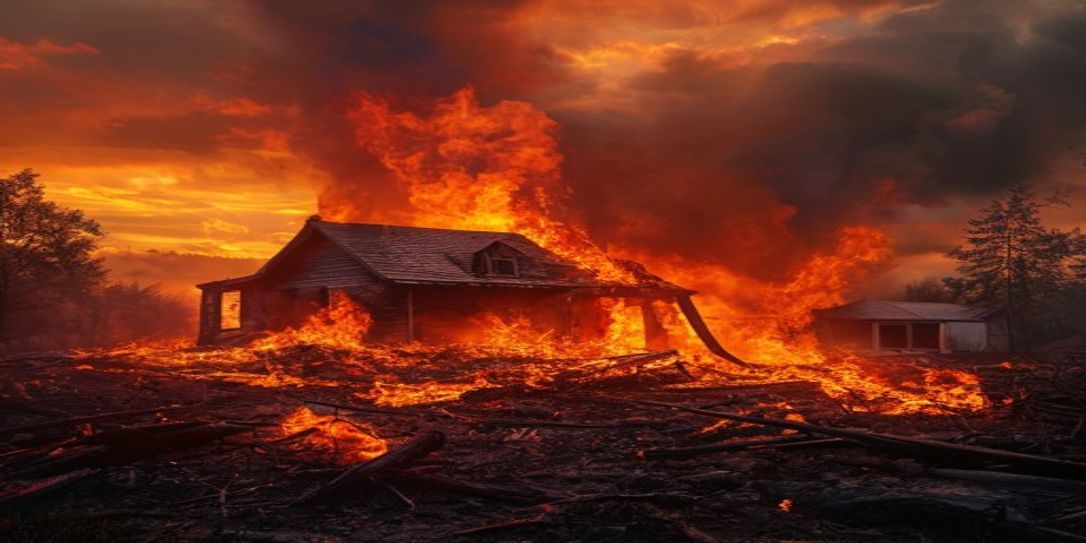 A scene illustrating wildfire property damage