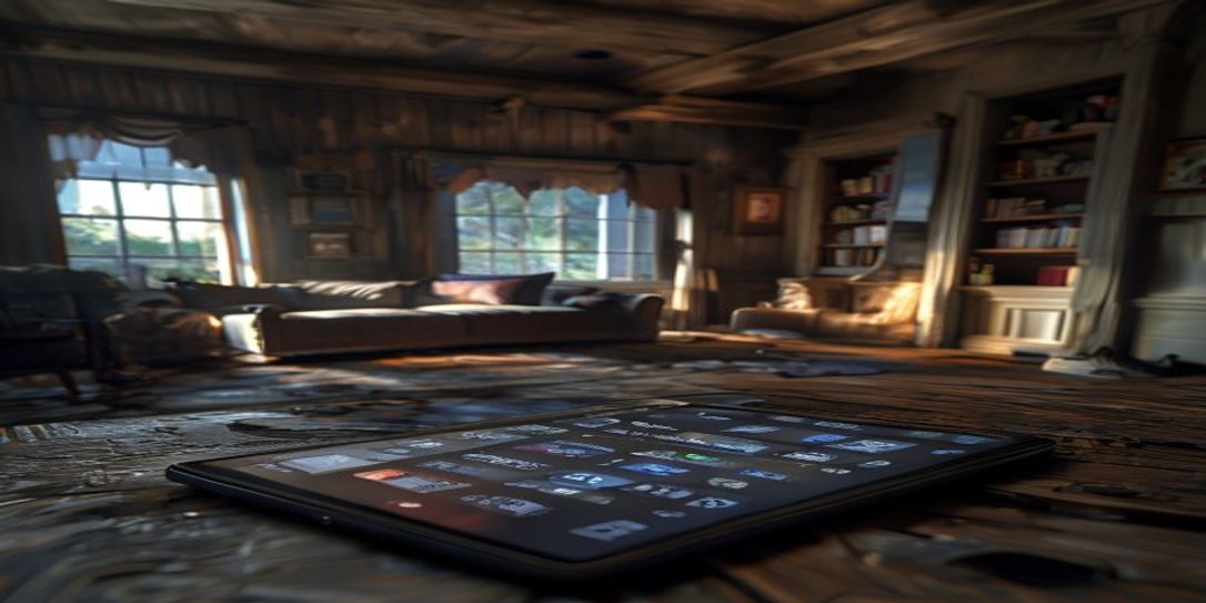 A digital tablet displaying a home inventory app inside a storm-damaged house.