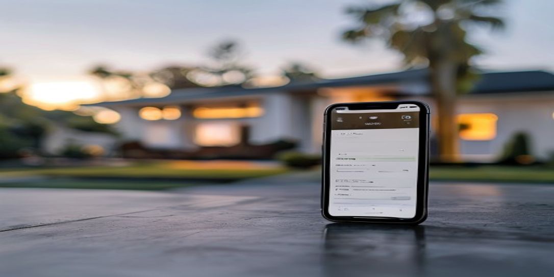A smartphone showing a home inventory app with a California house in the background