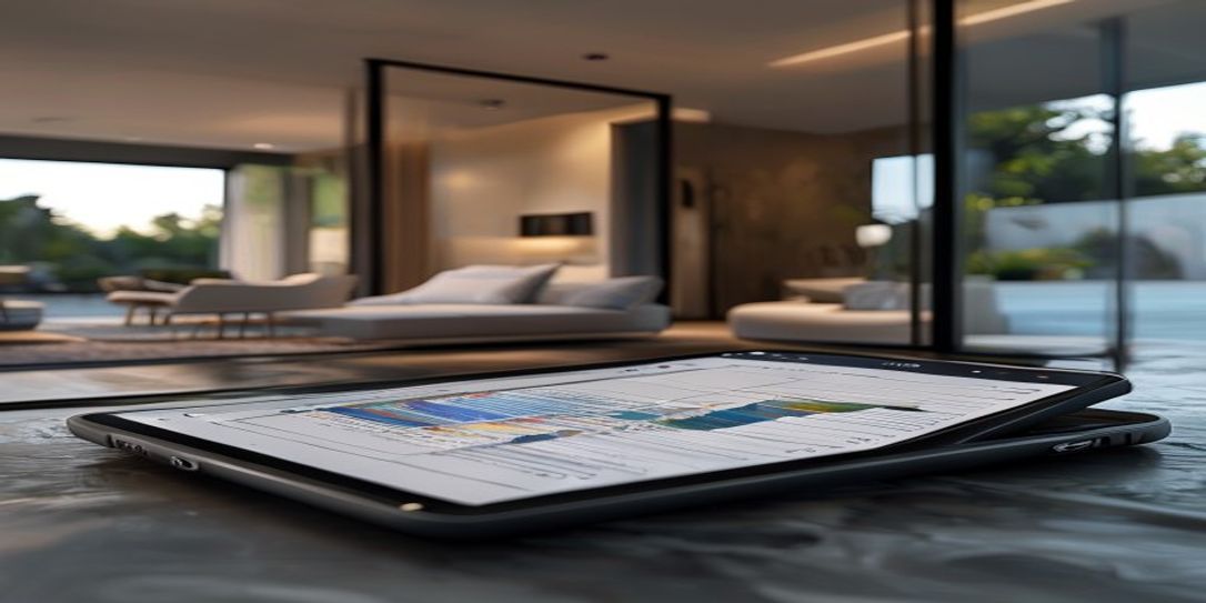 A digital tablet showing a secure home inventory app in a luxury California home