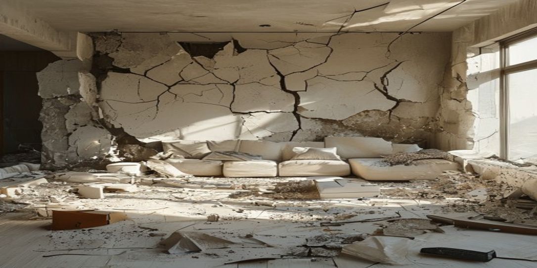 Earthquake damaged home interior showing items ready for insurance documentation