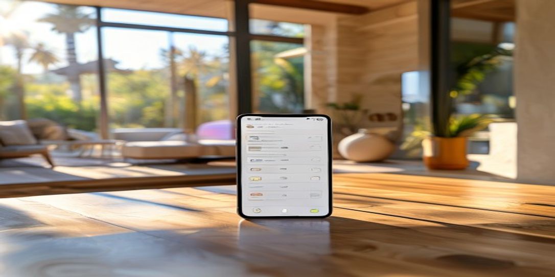 Mobile home inventory app interface on a smartphone screen inside a California home