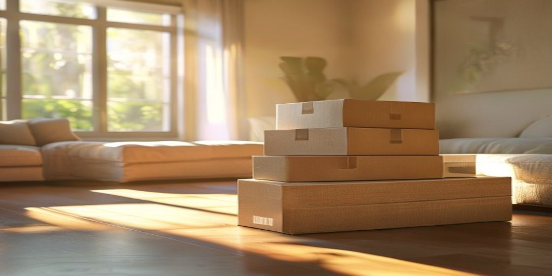A stack of organized moving boxes in a home for inventory tracking.