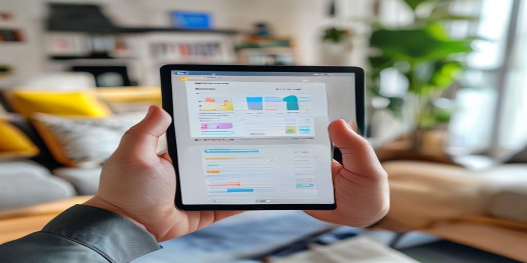 A person using a cloud sync home inventory app on an Android tablet in a modern home