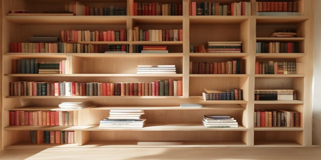 A perfectly organized bookshelf showing various book genres