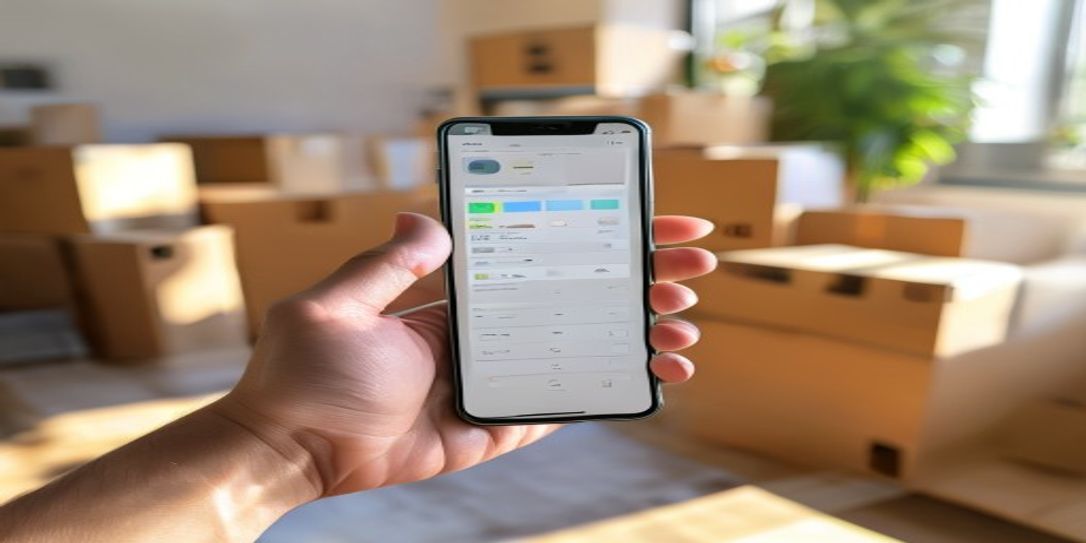 A person holding an Android phone using the Rivets Inventory app to organize belongings for a move.