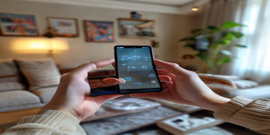 Person filming living room contents with an Android phone for insurance purposes