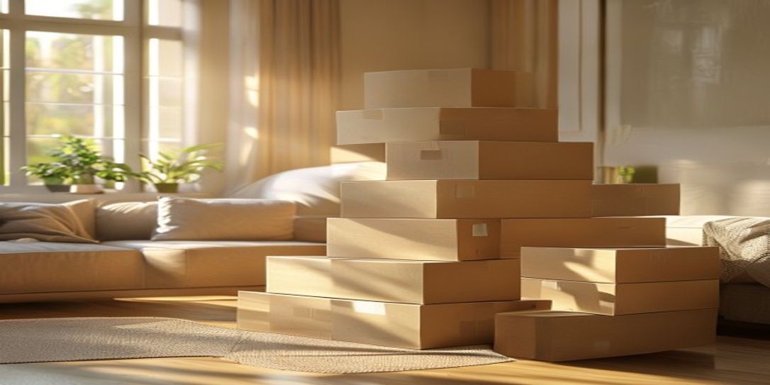 Organized moving boxes in a living room during a relocation