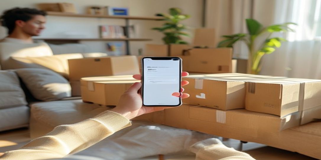 A person using the Rivets Inventory Android app to organize moving boxes in a new home
