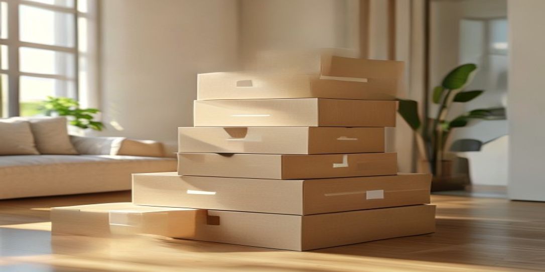 Organized stack of moving boxes in an apartment