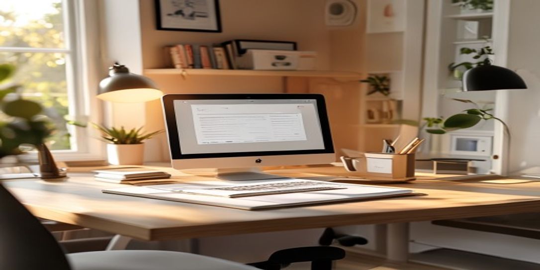 A clean home office setup featuring a tablet with an asset inventory app