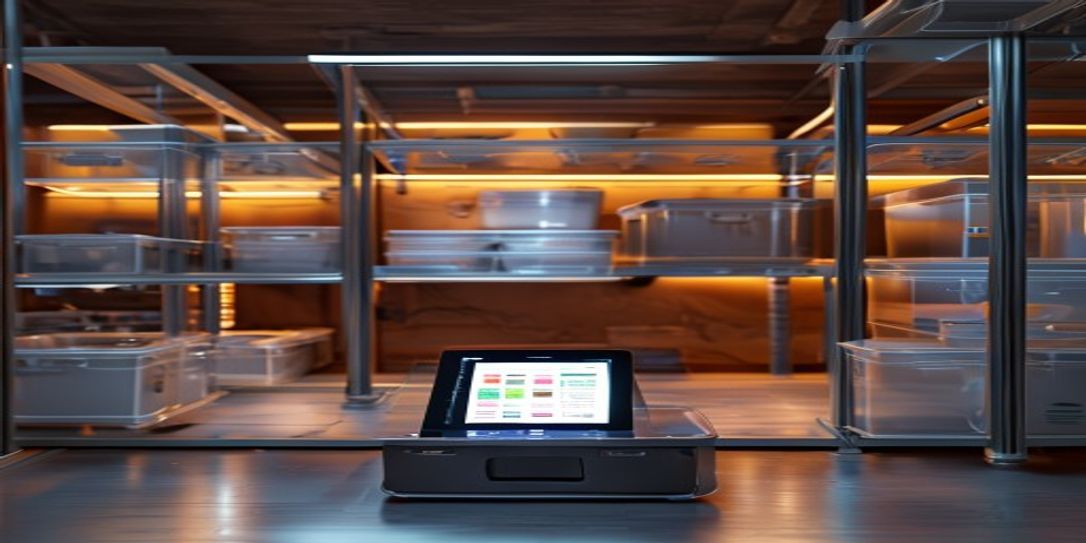 A highly organized basement with clear storage bins and a digital home inventory app visible on a tablet.