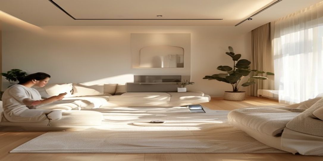 A person using the Rivets home inventory app to organize a clean living room