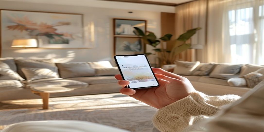 Home stager using Rivets inventory app to catalog furniture in a staged living room