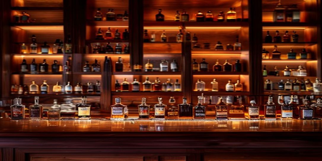 A beautifully organized high-end home liquor cabinet