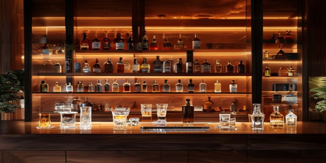 A perfectly organized home bar with various bottles of spirits and glassware.