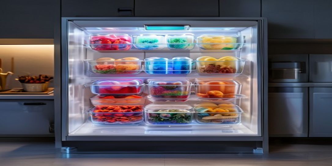A clean, well-organized freezer being managed by a mobile inventory app