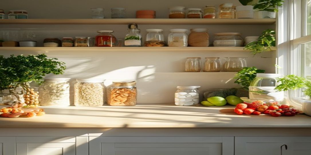 Organized kitchen pantry showing food inventory management
