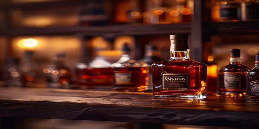 A collection of premium bourbon bottles on a wooden cellar shelf
