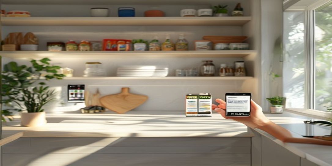Smartphone scanning a grocery item barcode in a clean, organized pantry