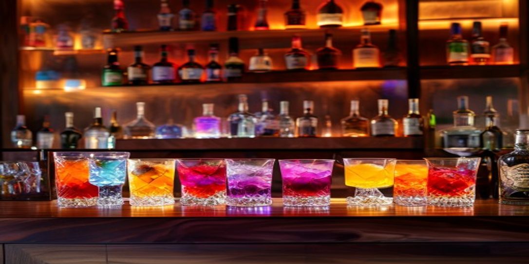 Professional home bar setup with various spirits and cocktail ingredients