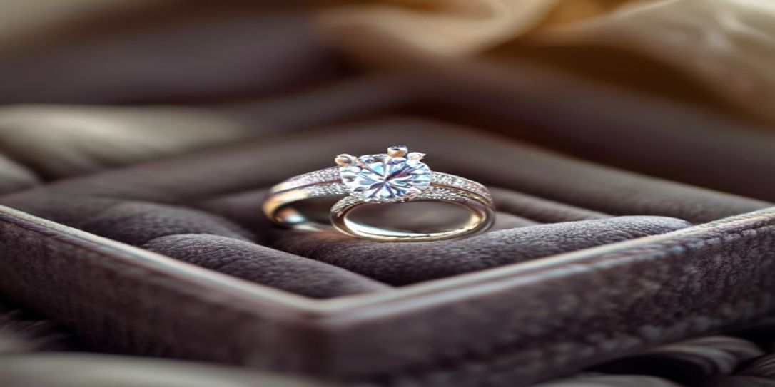 Close up of a diamond engagement ring on a velvet box for jewelry documentation