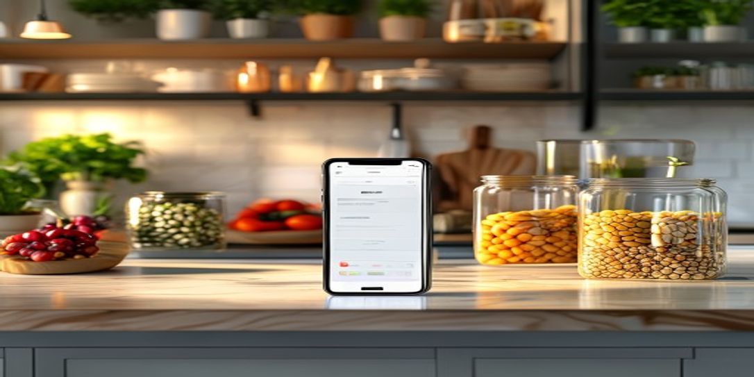 A smartphone app managing pantry ingredients in a clean kitchen setting