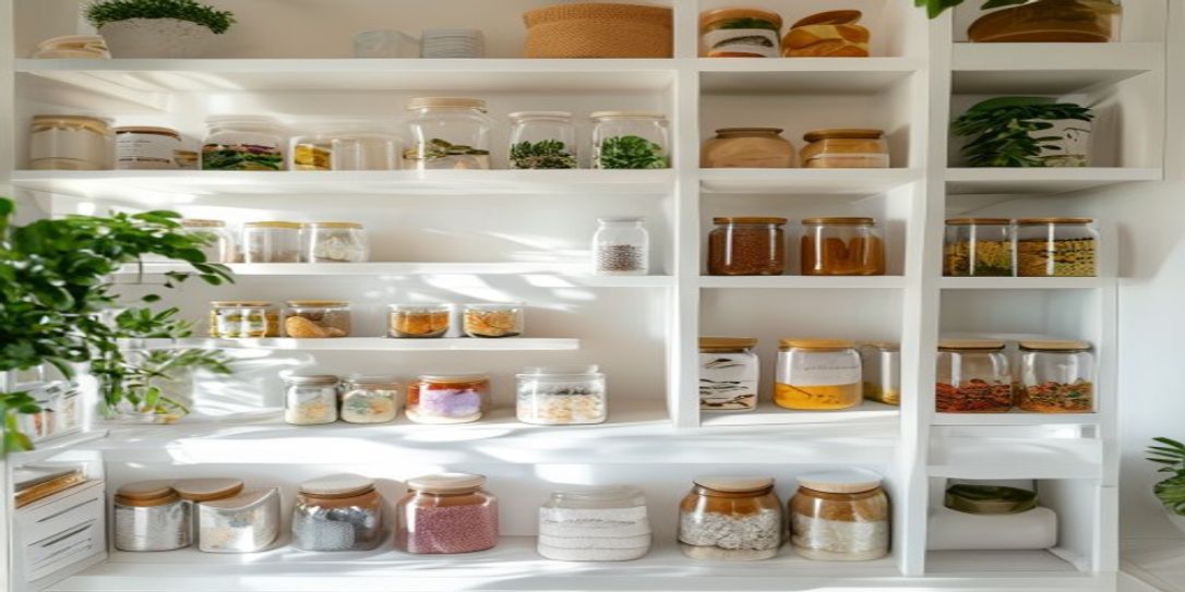 A well-organized kitchen pantry showing labeled containers to help with food inventory management