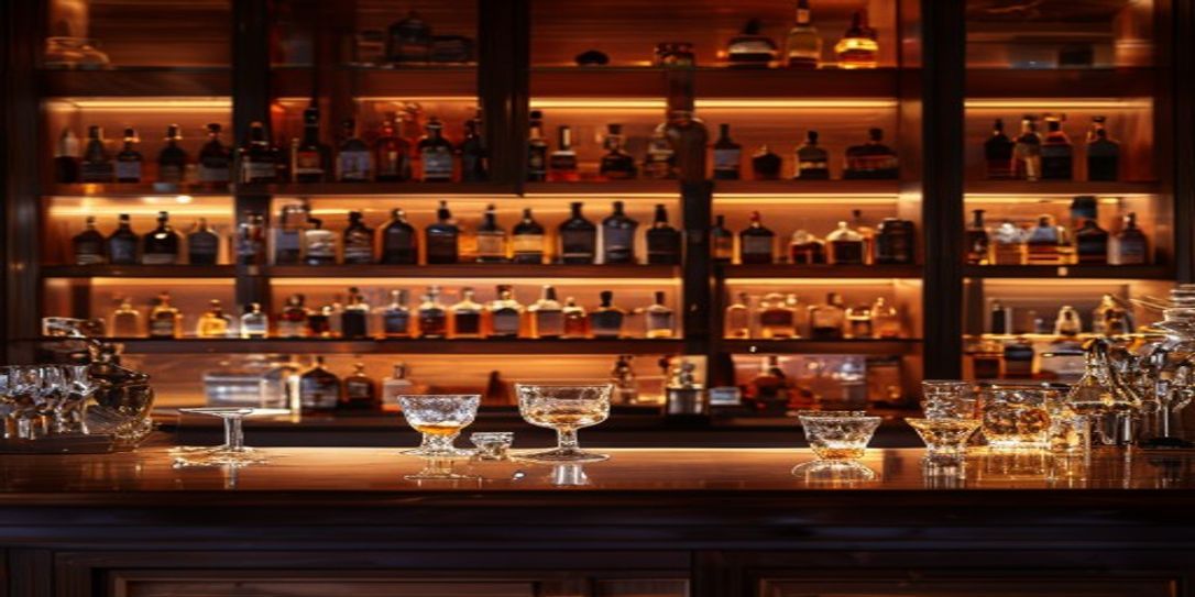 A well-organized home bar collection with premium liquor bottles