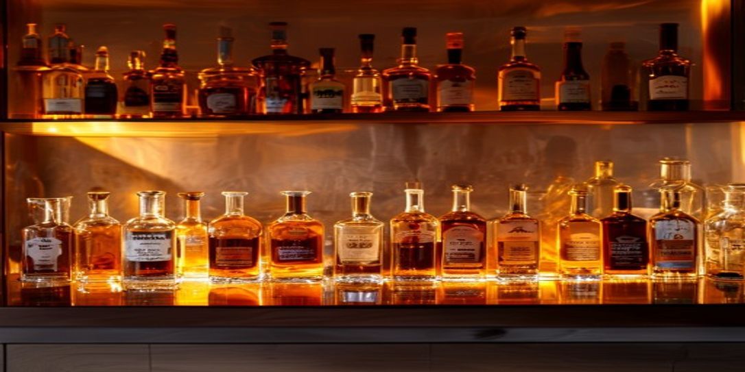 A curated home bar shelf featuring premium liquor bottles for inventory tracking