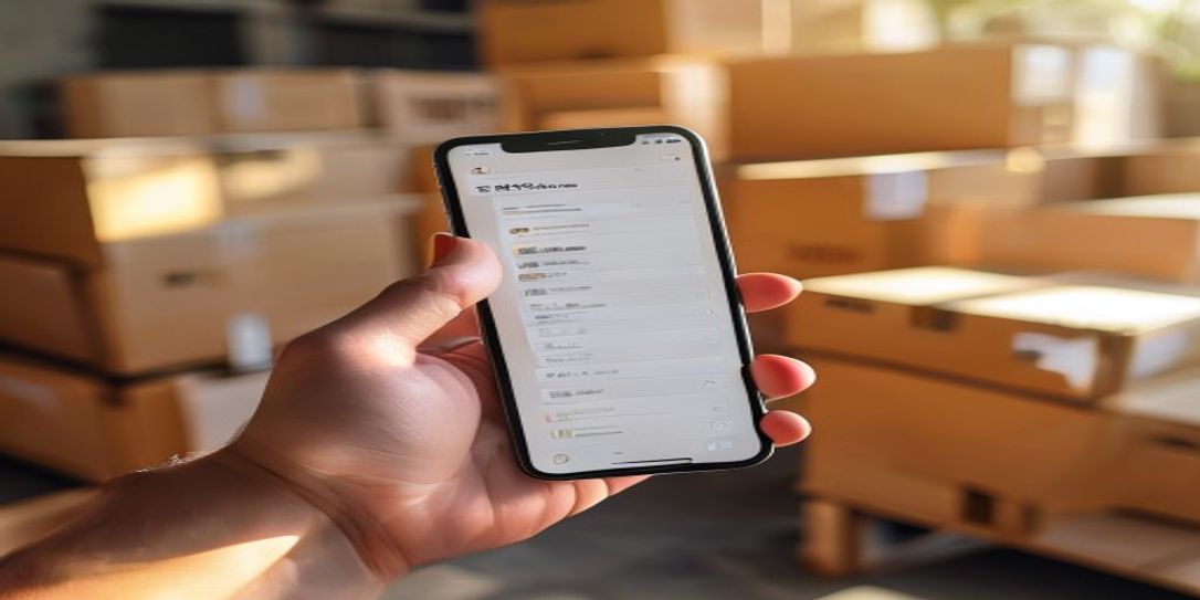 A user utilizing a digital home inventory app on a smartphone while packing cardboard boxes for a move.