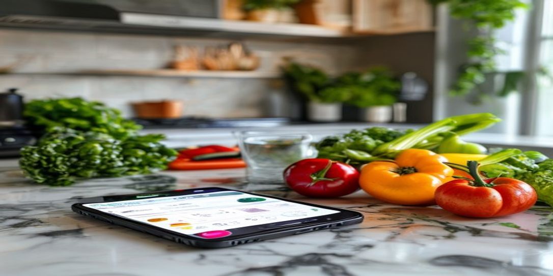 A smartphone displaying a kitchen inventory app in a clean, organized kitchen.