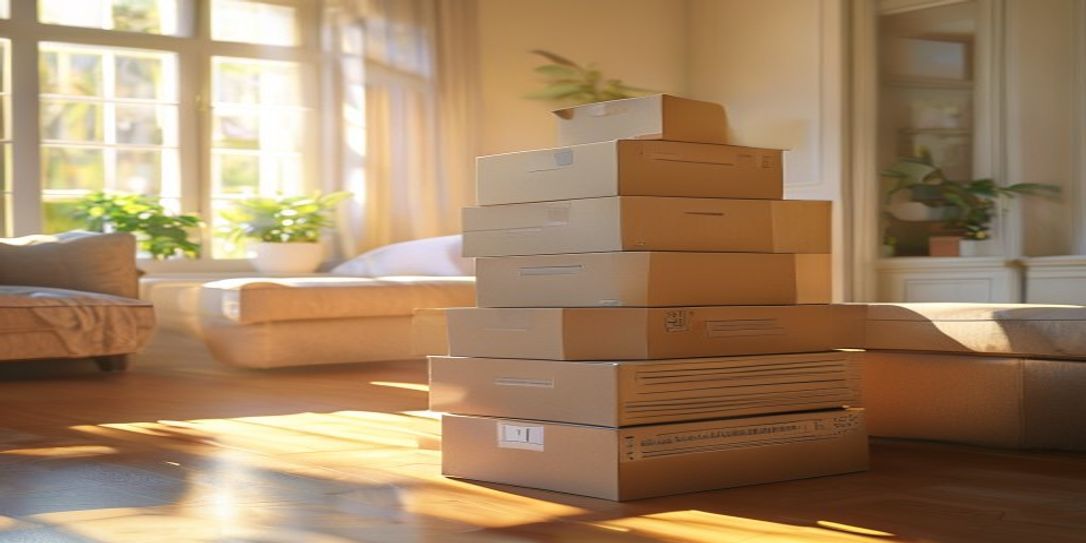 Organized moving boxes with inventory labels in a new home