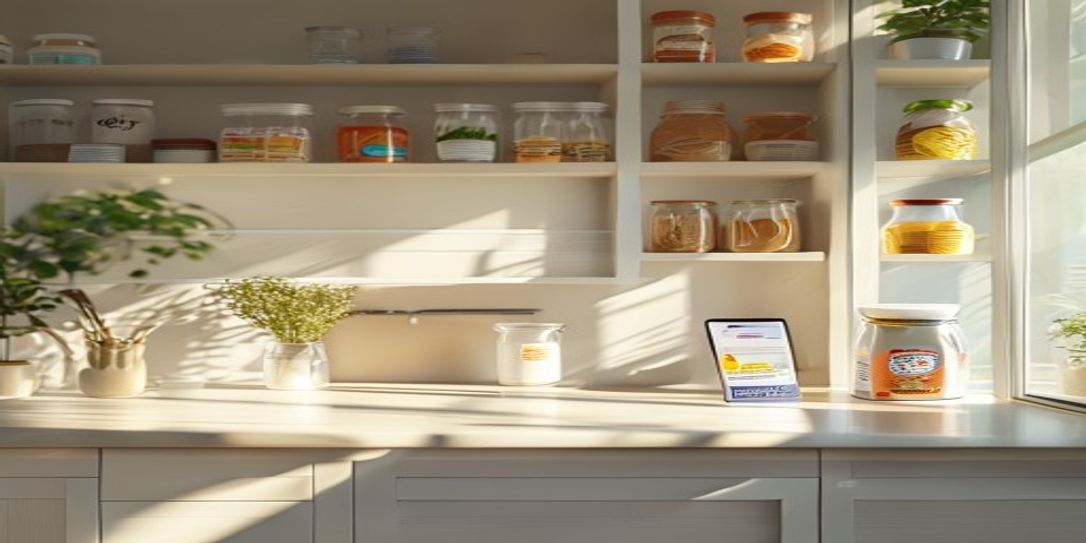 Person using a smartphone to scan a food item barcode in a neatly organized kitchen pantry
