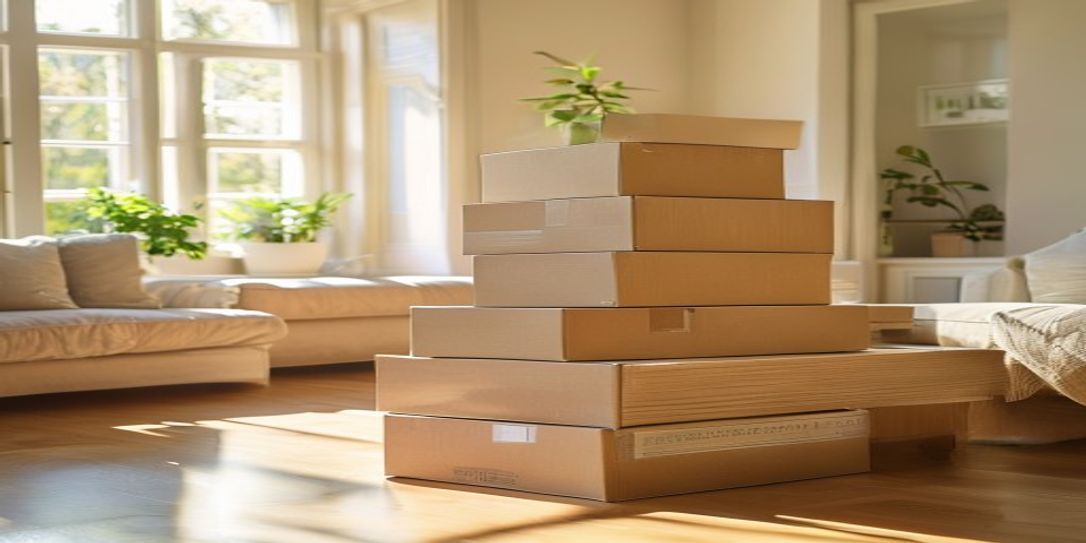 Cardboard moving boxes neatly stacked in a sunlit room representing home inventory management.