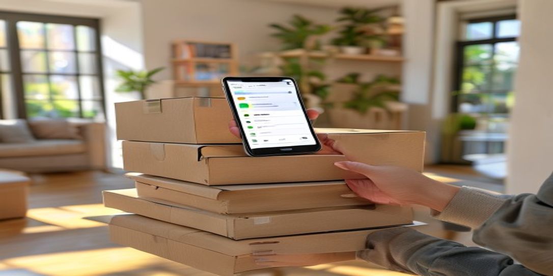 A person using an Android inventory app to organize moving boxes in a new apartment.