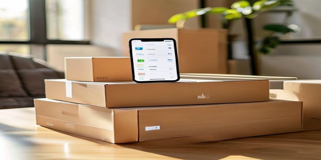 A smartphone showing an inventory app used to organize stacked moving boxes