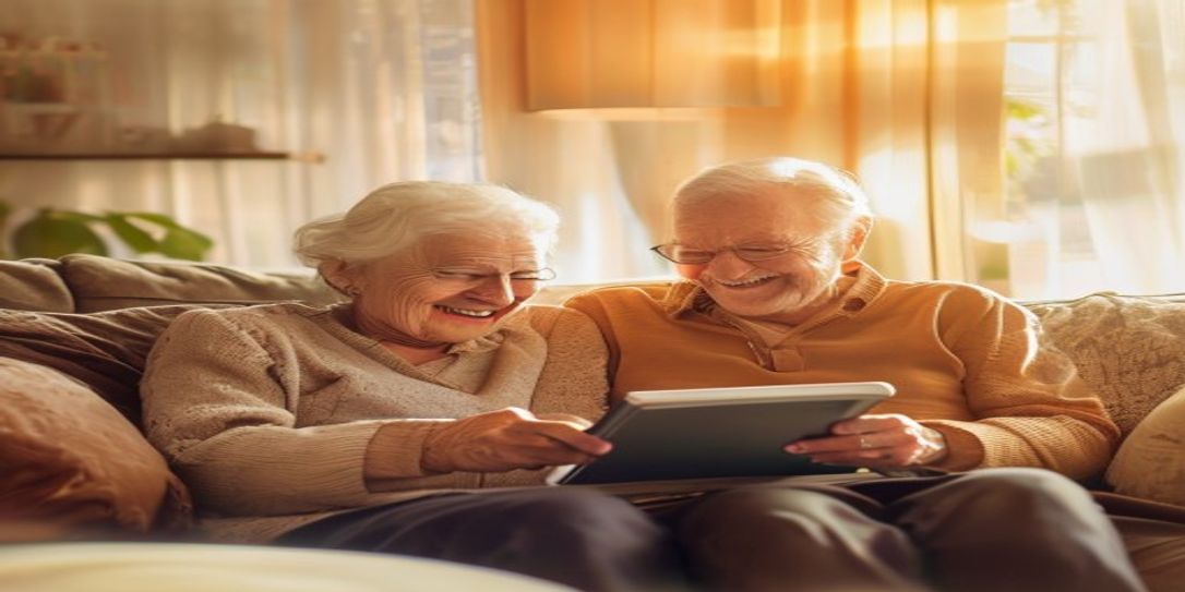 Elderly couple using a tablet to document home inventory for estate planning