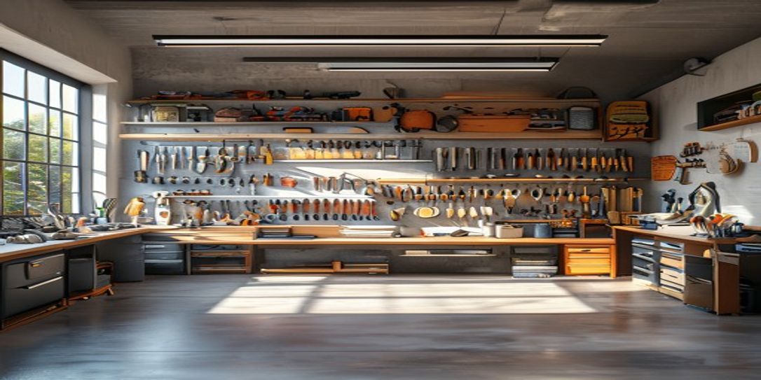A well-organized garage workshop showing tools neatly arranged on a workbench.