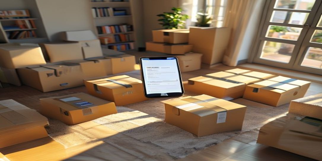A smartphone displaying a home inventory app used for tracking moving boxes in an organized room
