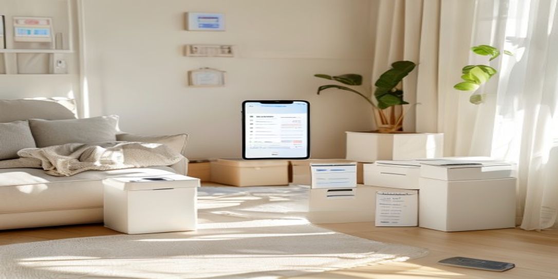 A clean, organized home office featuring a smartphone displaying the Rivets home inventory app.