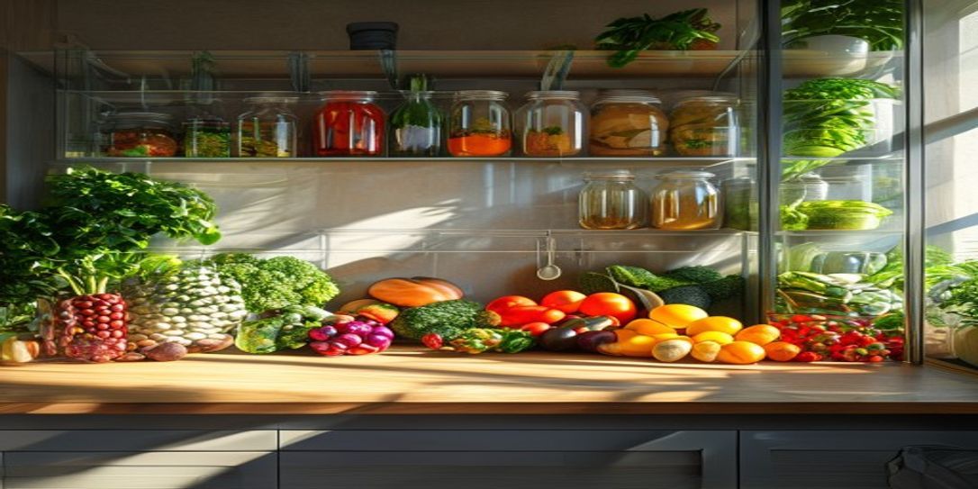 Organized modern kitchen pantry with fresh food items
