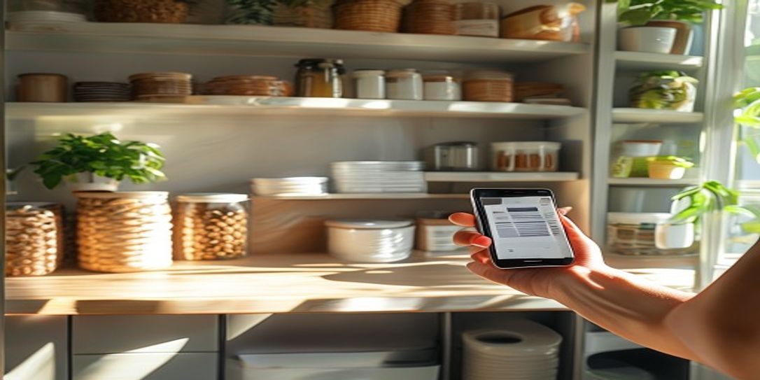 A smartphone using a barcode scanner app in a well-organized modern kitchen pantry.