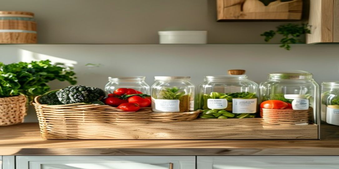 Modern organized kitchen pantry with fresh food items