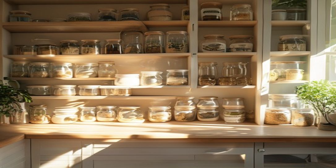 A perfectly organized kitchen pantry with labeled items managed by an Android app