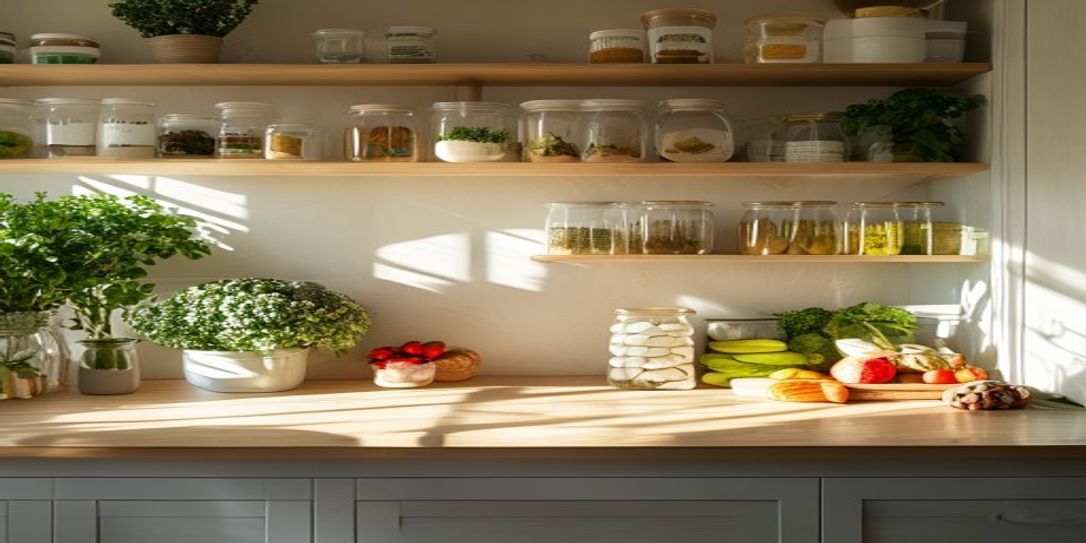 Organized pantry with food inventory management app on a smartphone