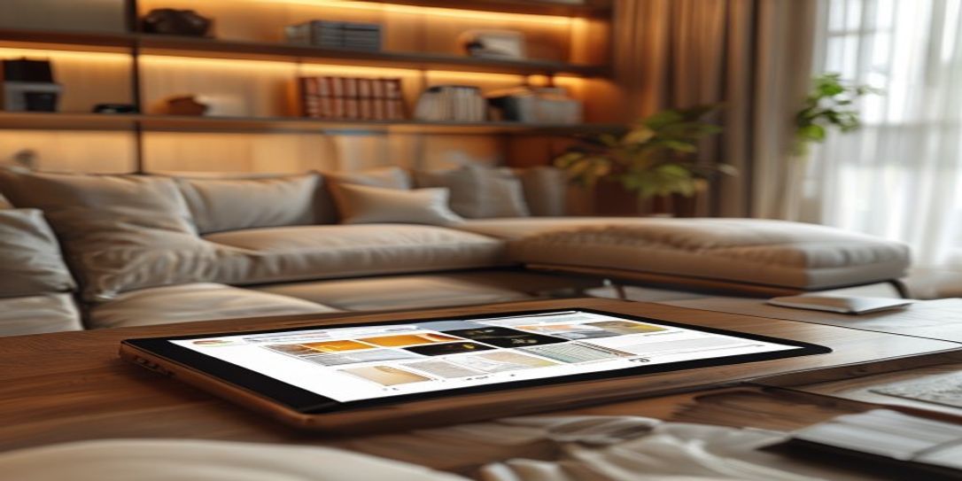 A modern home interior with a tablet displaying a professional asset inventory application for estate planning.